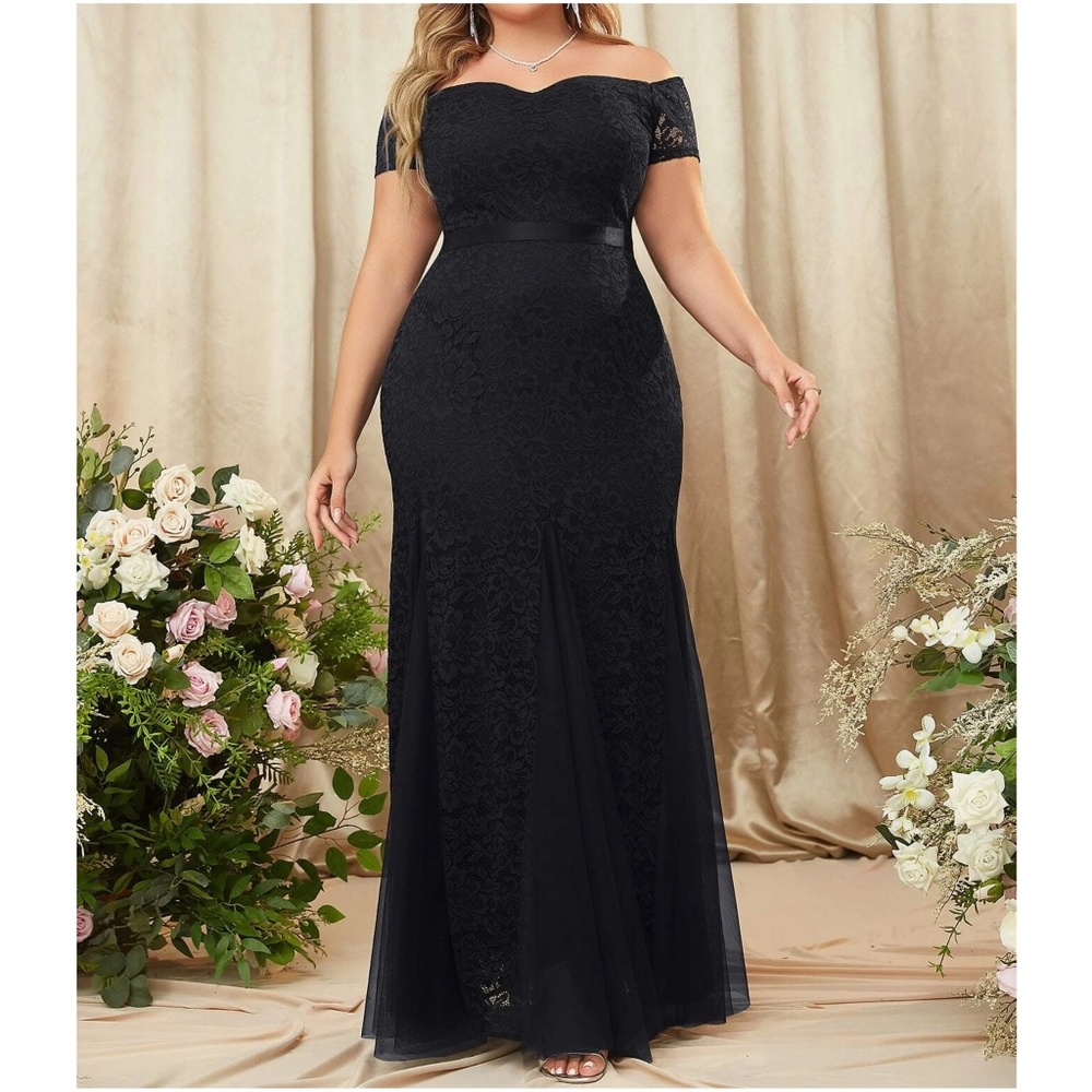 Plus Floral Lace Off Shoulder Formal Evening Wedding Maxi Dress - Picture 1 of 10
